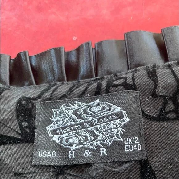 Velvet Burnout Rockabilly Print Corset Ribbon Trimmed Dress Queen Anne Neckline - Picture 10 of 16